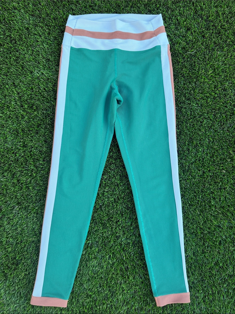 Beach Riot GreenLeggings with White Side Panels and Tan Trim